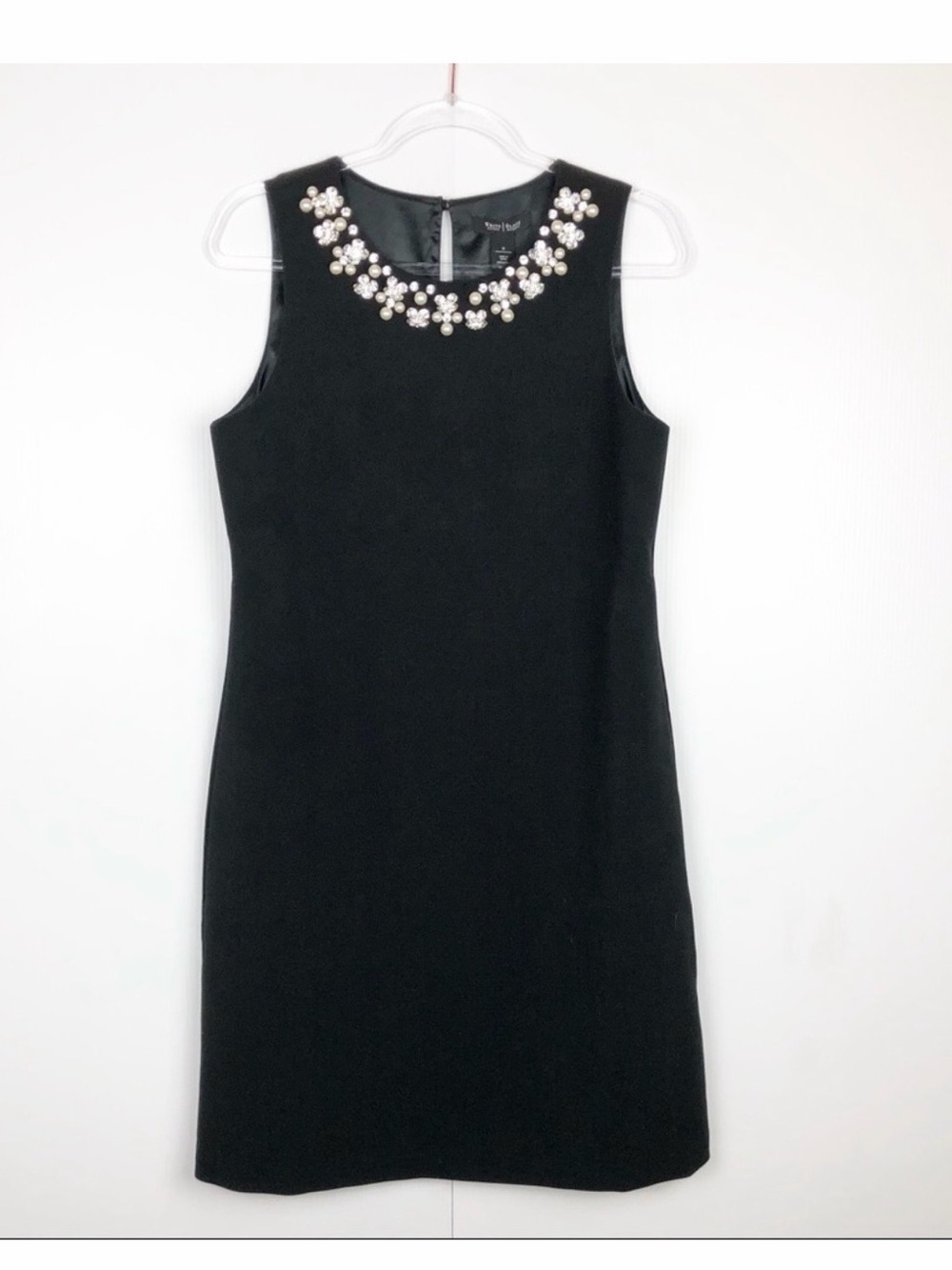 White House Black Market Black Sheath Dress with Pearl Floral Neckline